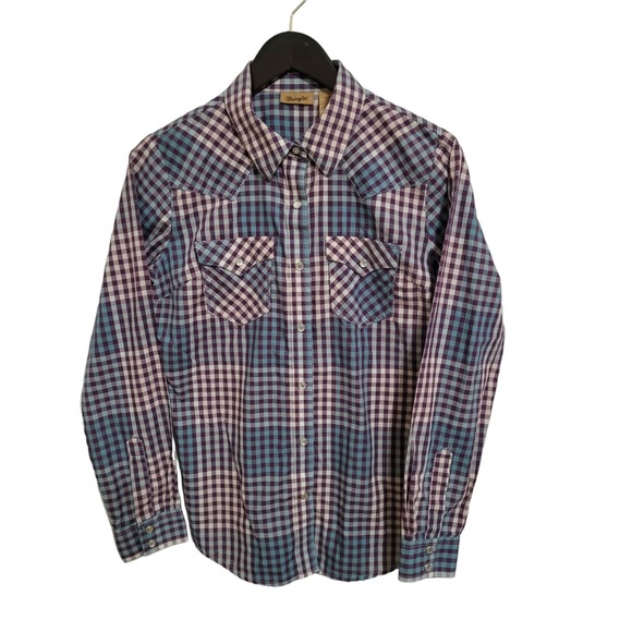 Wrangler Tops - Wrangler Women Plaid Pearl Snap Long Sleeve Shirt Purple/Teal Western Cowgirl